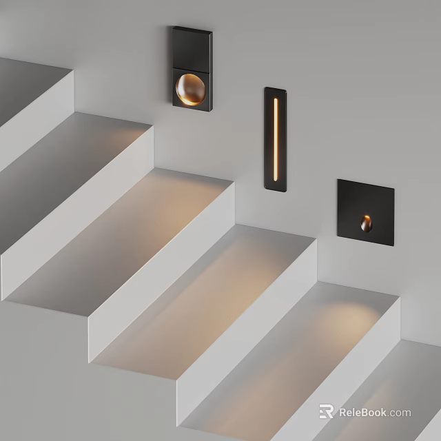 Modern Staircase Design With Gray Steps And Black Wall Lights Emitting Warm Glow 3d model 