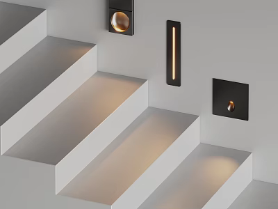 Modern Staircase Design With Gray Steps And Black Wall Lights Emitting Warm Glow 3d model