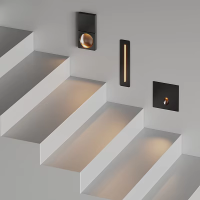 Modern Staircase Design With Gray Steps And Black Wall Lights Emitting Warm Glow 3d model