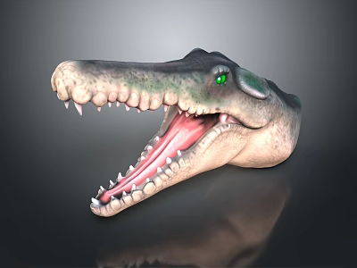 Crocodile Head Reptile 3D Model With Open Mouth Sharp Teeth Green Eyes On Reflective Surface 3d model