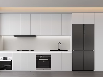 Modern Kitchen Interior With White Cabinets Black Appliances Stove Sink And Refrigerator 3d model