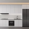Modern Kitchen Interior With White Cabinets Black Appliances Stove Sink And Refrigerator