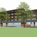 Modern Commercial Complex Exterior With Wooden Facade Glass Curtain Wall Black Roof And Green Landscape