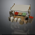 Fresh Fruit Stall With White Canopy Colorful Red Yellow Green Fruits Wooden Barrels And Crates