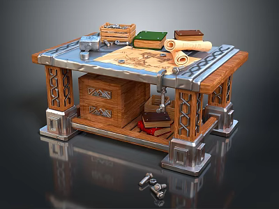 Rustic Wooden Desk With Metal Decorations Drawers Scrolls Books And Vintage Map 3d model