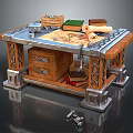 Rustic Wooden Desk With Metal Decorations Drawers Scrolls Books And Vintage Map