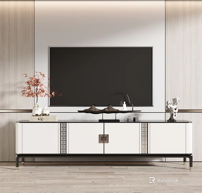 Modern TV Stand Featuring Flat Screen TV Vase and Decorative Items with Sleek Design 3d model