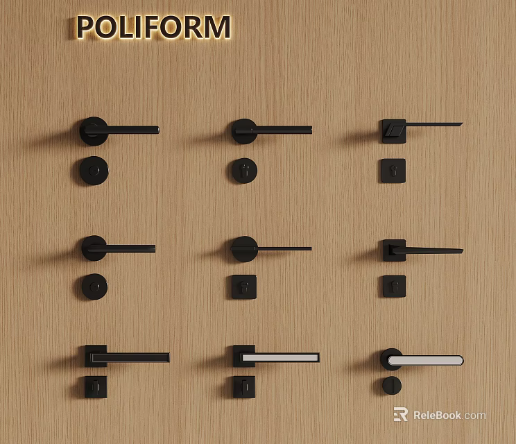 Modern Black Door Handles With Different Designs On Wooden Background 3d model