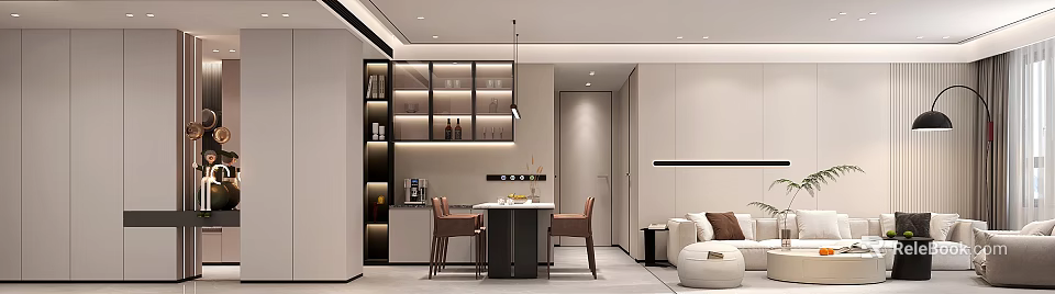 Modern Dining And Living Room Interior With Dining Table Chairs Sofa And Storage Cabinets 3d model