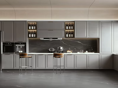 Modern Kitchen Interior With Gray Cabinets Marble Countertop Island And Bar Stools 3d model