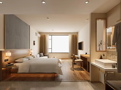 Modern Comfortable Hotel Guest Room With Warm Wooden Style And Spacious Bright Indoor Environment 3d model