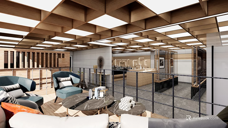 Modern Leisure Area With Wooden Ceiling Sofa Coffee Table And Open Design 3d model 