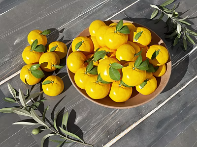 Fresh Ripe Tangerines With Green Leaves In Wooden Bowl On Rustic Table 3d model
