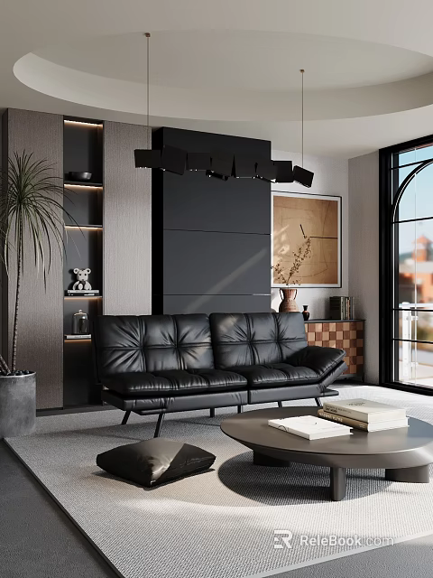 Modern Living Room Interior With Black Leather Sofa Pendant Light And Tall Green Plant 3d model 