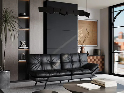 Modern Living Room Interior With Black Leather Sofa Pendant Light And Tall Green Plant 3d model