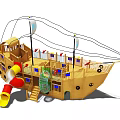 Wooden Pirate Ship Themed Playground Equipment with Multiple Slides Climbing Net and Flags