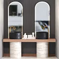 Modern Bathroom Sink Design With Black Basin Wooden Shelf And Marble Column