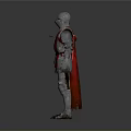 Man In Medieval Silver Armor With Red Cape And Decorative Details