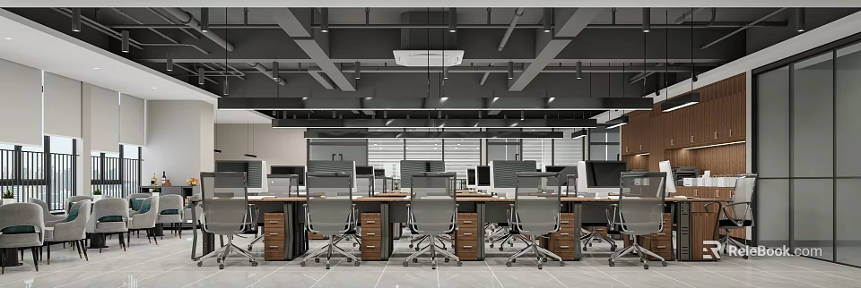 Modern Public Office Space With Workstations Office Chairs Open Layout And Industrial Ceiling 3d model