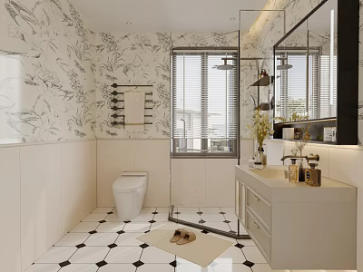Modern Bathroom Interior Design With Marble Walls Toilet Shower Vanity And Black White Floor Tiles 3d model