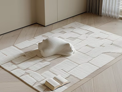 Single White Bear Shaped Sofa on Beige Geometric Rug with Open Book Light Wood Floor 3d model