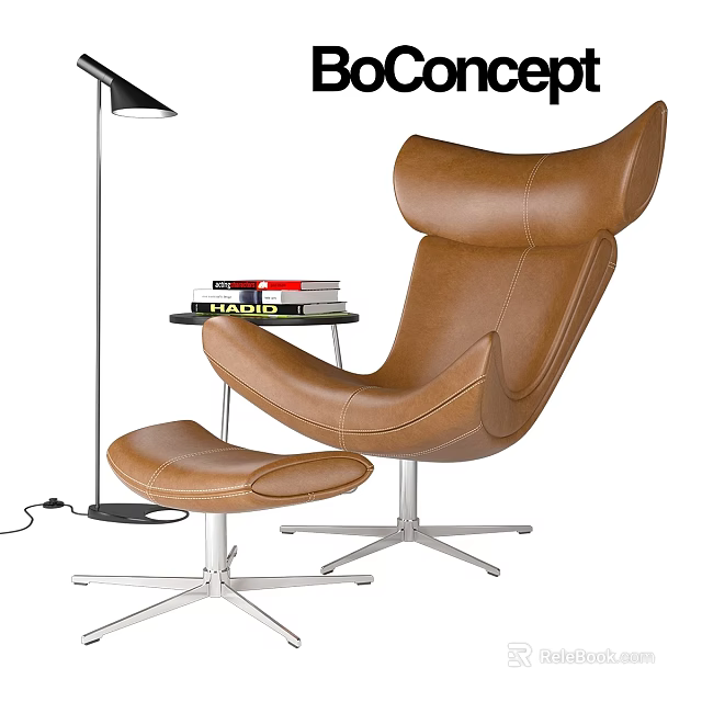 Modern Brown Leather Leisure Chair With Ottoman Floor Lamp And Side Table Books 3d model 