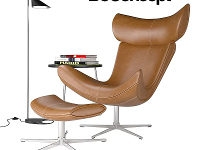 Modern Brown Leather Leisure Chair With Ottoman Floor Lamp And Side Table Books 3d model