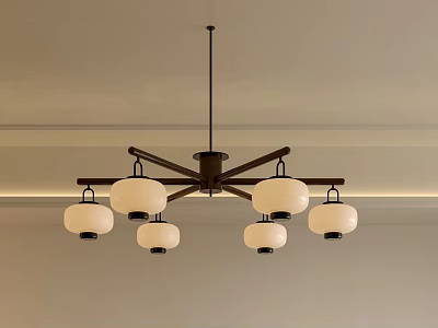 Chinese Style Chandelier With Radial Metal Frame And Six White Lantern Shades 3d model
