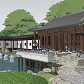 Traditional Garden Landscape With Wooden Pavilion Trees Water And Stone Path Features