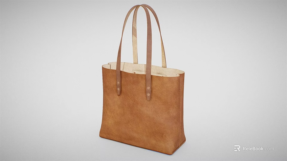 Simple Brown Leather Tote Bag With Long Handles And Light Interior Design 3d model 