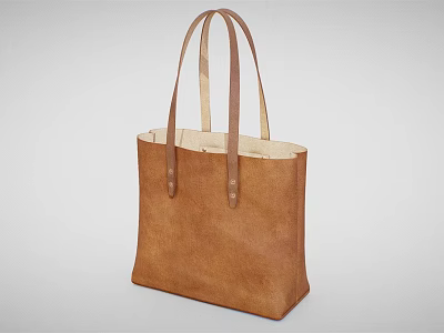Simple Brown Leather Tote Bag With Long Handles And Light Interior Design 3d model