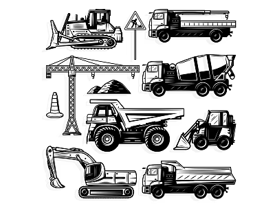 Black And White Construction Machinery Silhouettes Set 3d model