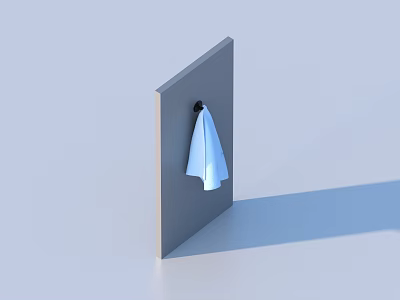 Simple Light Blue Towel Hung on Gray Board with Black Hook 3d model