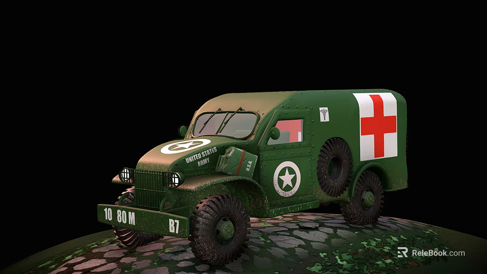 Green Military Ambulance With Red Cross White Star And Large Tires On Stony Ground 3d model 
