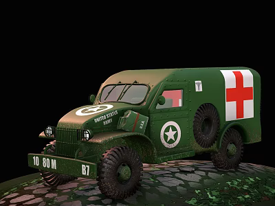 Green Military Ambulance With Red Cross White Star And Large Tires On Stony Ground 3d model