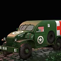 Green Military Ambulance With Red Cross White Star And Large Tires On Stony Ground