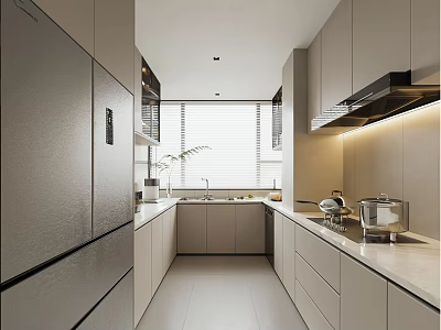 Modern Kitchen Interior Design With Gray Cabinets White Countertop Stove And Refrigerator 3d model