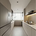 Modern Kitchen Interior Design With Gray Cabinets White Countertop Stove And Refrigerator