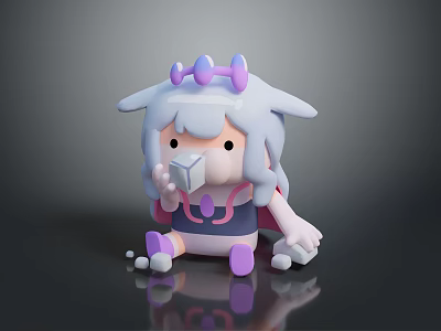 Cute Cartoon Character With White And Purple Fur Purple Horns Holding Ice Cream Sitting Pose 3d model
