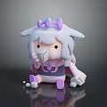 Cute Cartoon Character With White And Purple Fur Purple Horns Holding Ice Cream Sitting Pose
