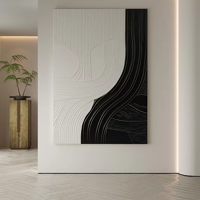 Black And White Abstract Painting On White Wall With Wooden Stand Green Plant And Lighting 3d model