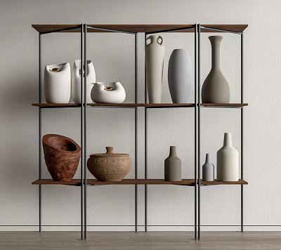 Stylish Display Shelf with Various Vases and Ceramic Pottery for Home Decor 3d model