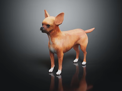 Brown Chihuahua Dog With White Paws Standing On Black Background With Reflection 3d model