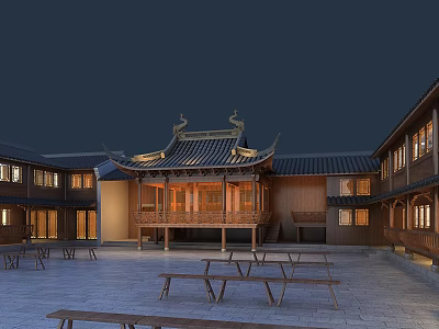 Traditional Chinese Ancient Architecture with Courtyard Wooden Benches and Classic Overhanging Eaves 3d model