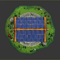 Traditional Scenic Stone Well with Blue Tile Roof Wooden Pulley Green Grass and Small Mushrooms