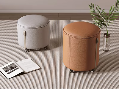 Gray And Brown Leather Stools With Wheels Near Open Book And Potted Plant 3d model