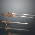 Two Metallic Trident and Sword Weapons with Brown Handles Golden Accents Gray Background Reflections