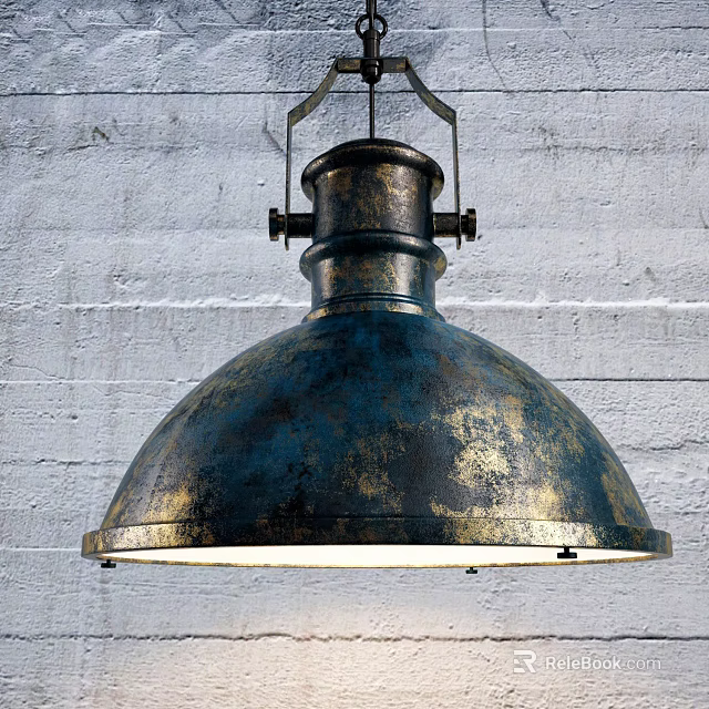 Vintage Dome Shaped Metal Pendant Light Illuminated Against White Brick Wall 3d model 