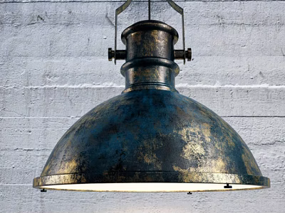 Vintage Dome Shaped Metal Pendant Light Illuminated Against White Brick Wall 3d model
