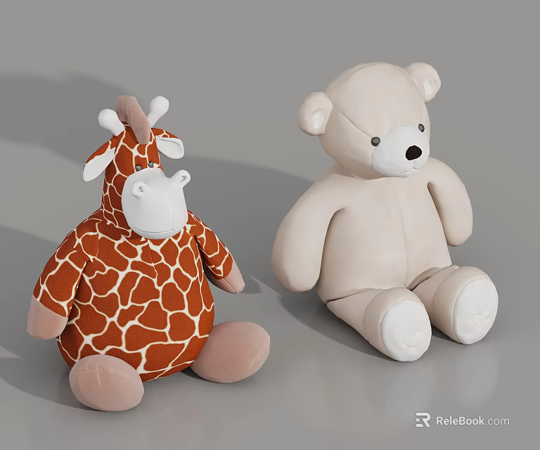 Cute Plush Giraffe and Bear Dolls Orange with White Spots Beige Sitting Stuffed Toys 3d model 